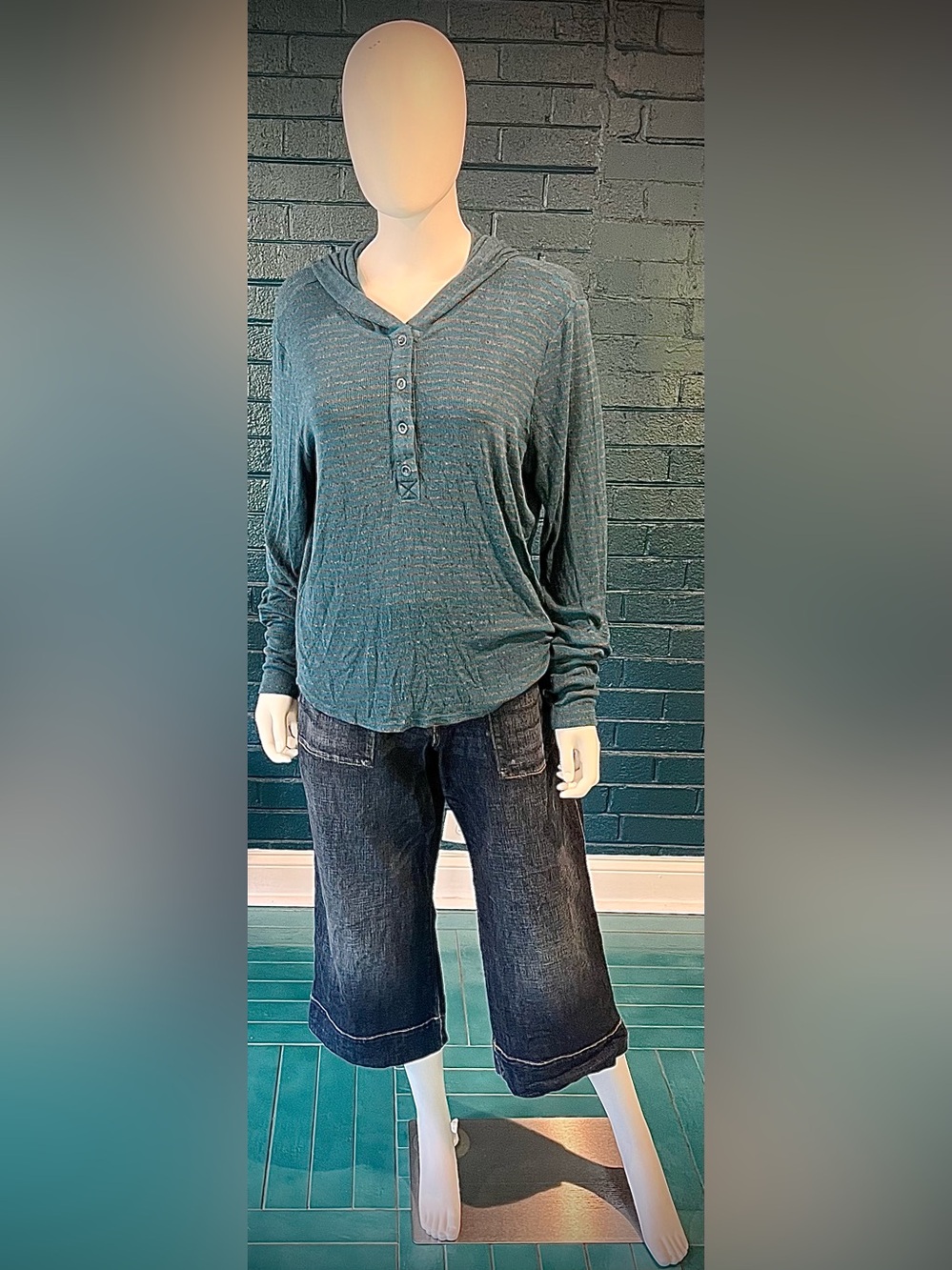 Teal Striped Hooded Women's Sweater